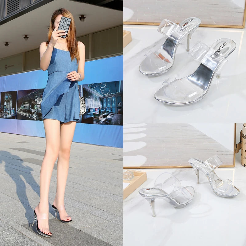 Korean Style New High Heels Crystal Heel Transparent One-Strip Open-Toe Sandals Female Elegant Crystal Shoes Summer Slippers