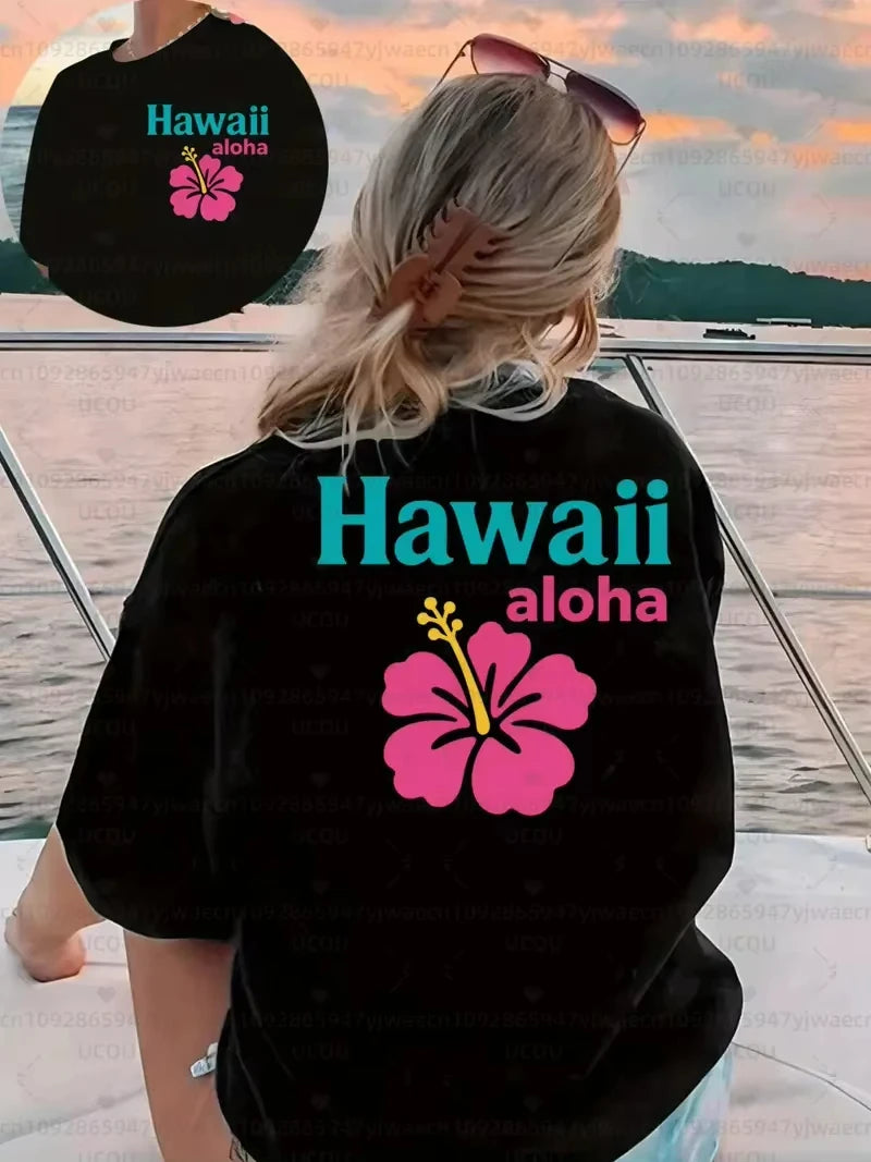 Women's "Let'S Go Hawaii" Graphic T-Shirt Hibiscus Print Casual Short Sleeve Crew Neck Top Beach Outings and Tropical Vibes