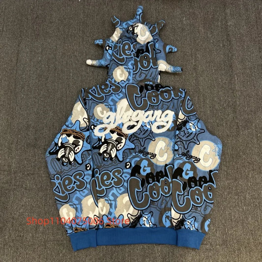 Mens Glo Gang Zip Hoodie Streetwear Cartoon Graffiti Design Soft Cotton Casual Fashion Sweatshirt
