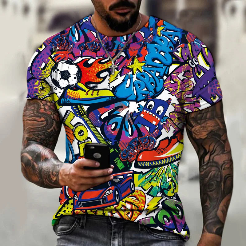 New Fun Graffiti Street T-shirt 3D Printed Men's Hip Hop Summer Cool Tee shirt Casual Youth Popular Personality Short Sleeve Top