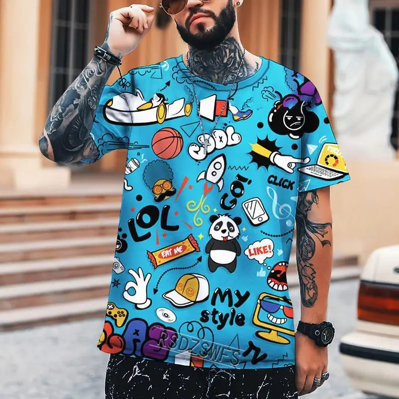 New Fun Graffiti Street T-shirt 3D Printed Men's Hip Hop Summer Cool Tee shirt Casual Youth Popular Personality Short Sleeve Top