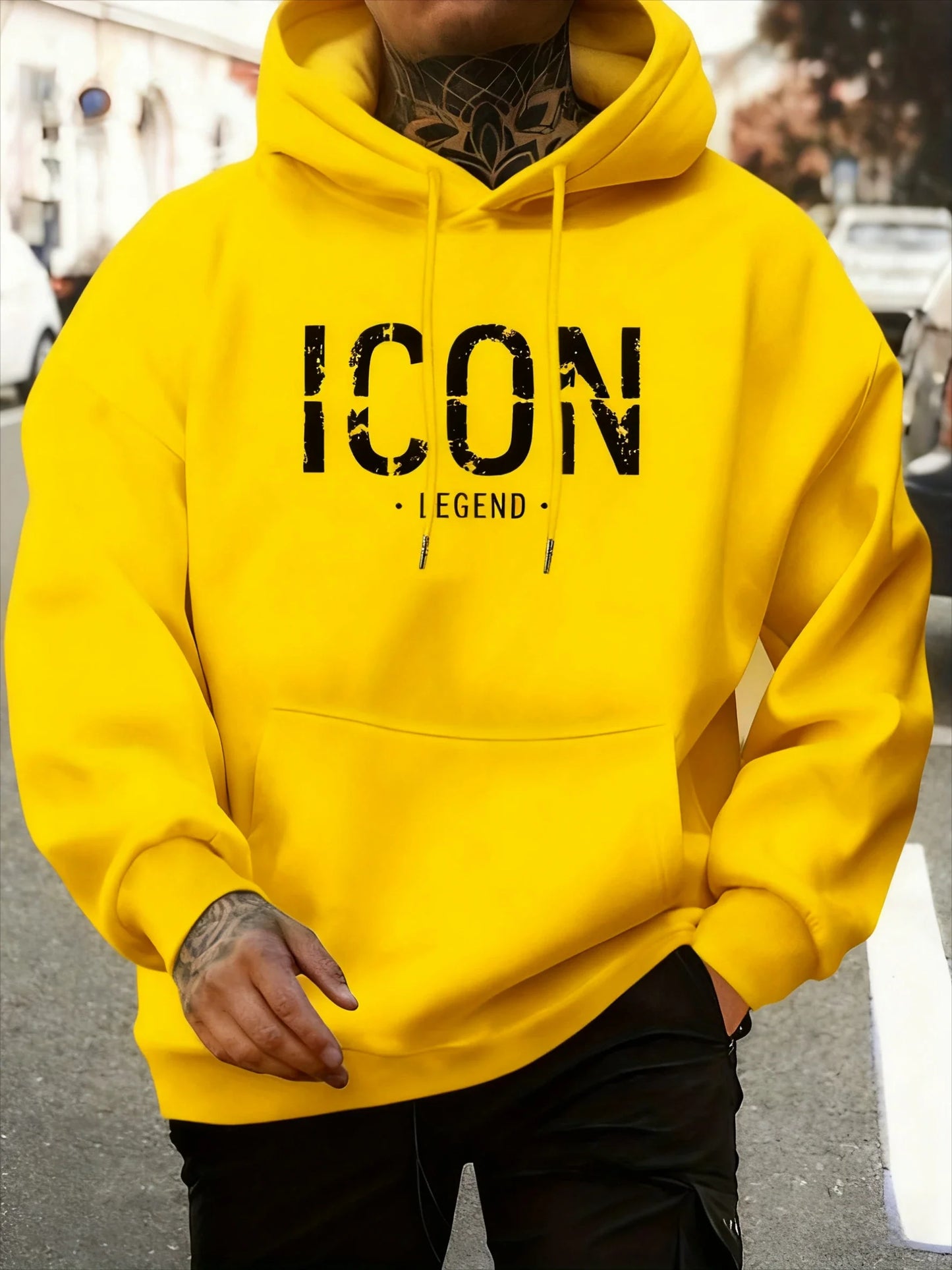 Men's Casual Pullover Sport Hoodie with "ICON" & "LEGEND" Graphic Print Fashion Hoodie