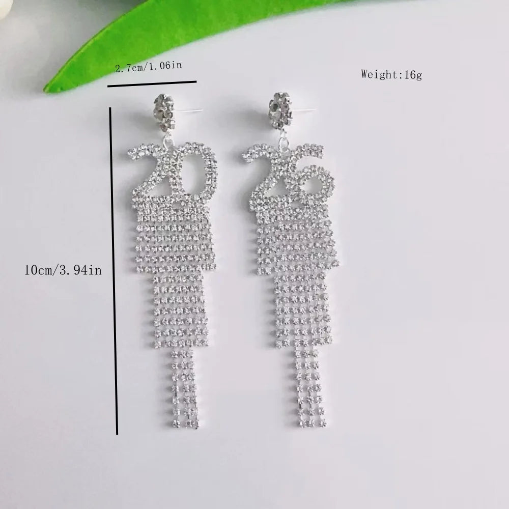 Full Rhinestone Crystal Flower Number 2026 Long Tassel Asymmetric Drop Dangle Earrings Near Year Party Gift for Women Christmas