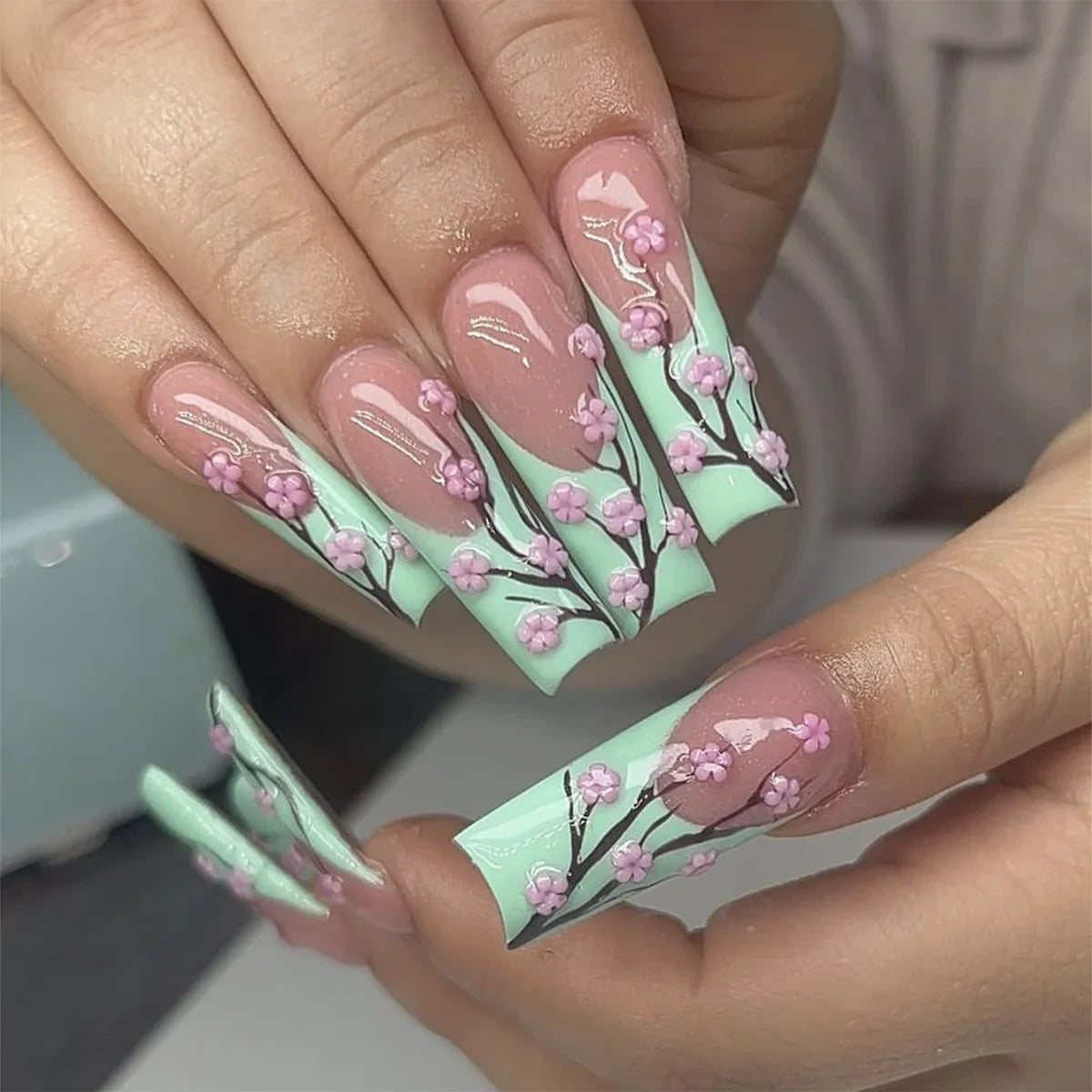 24Pcs Extra Long Square Fake Nail with Glue 3D Little Bear Bow Design False Nails White French Press on Nails Wearable Manicure