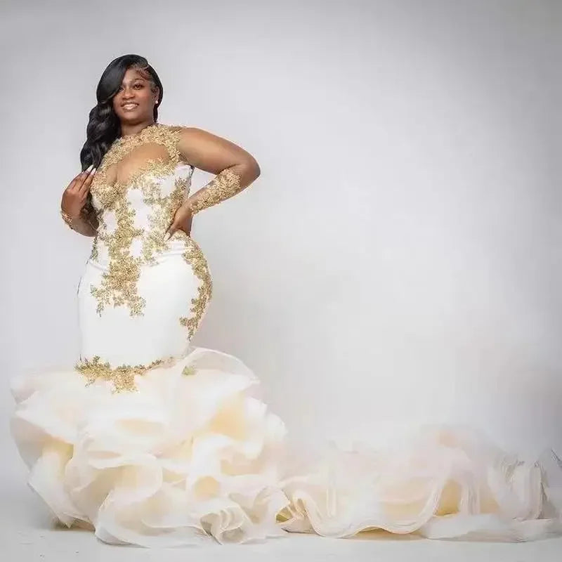 Customized Sexy Gold Lace Mermaid Wedding Dresses Abiti Da Sposa 2024 Sweep Train Tiered Ruffles Plus Size Bridal Gowns