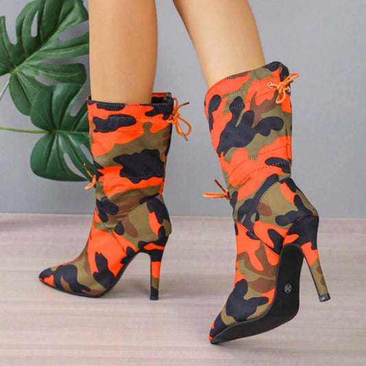 Sexy High Heels For Women Fashion Pointed Toe Stiletto Printed Ankle Boots Elastic Adjustable Strap High Heeled Boots For Women