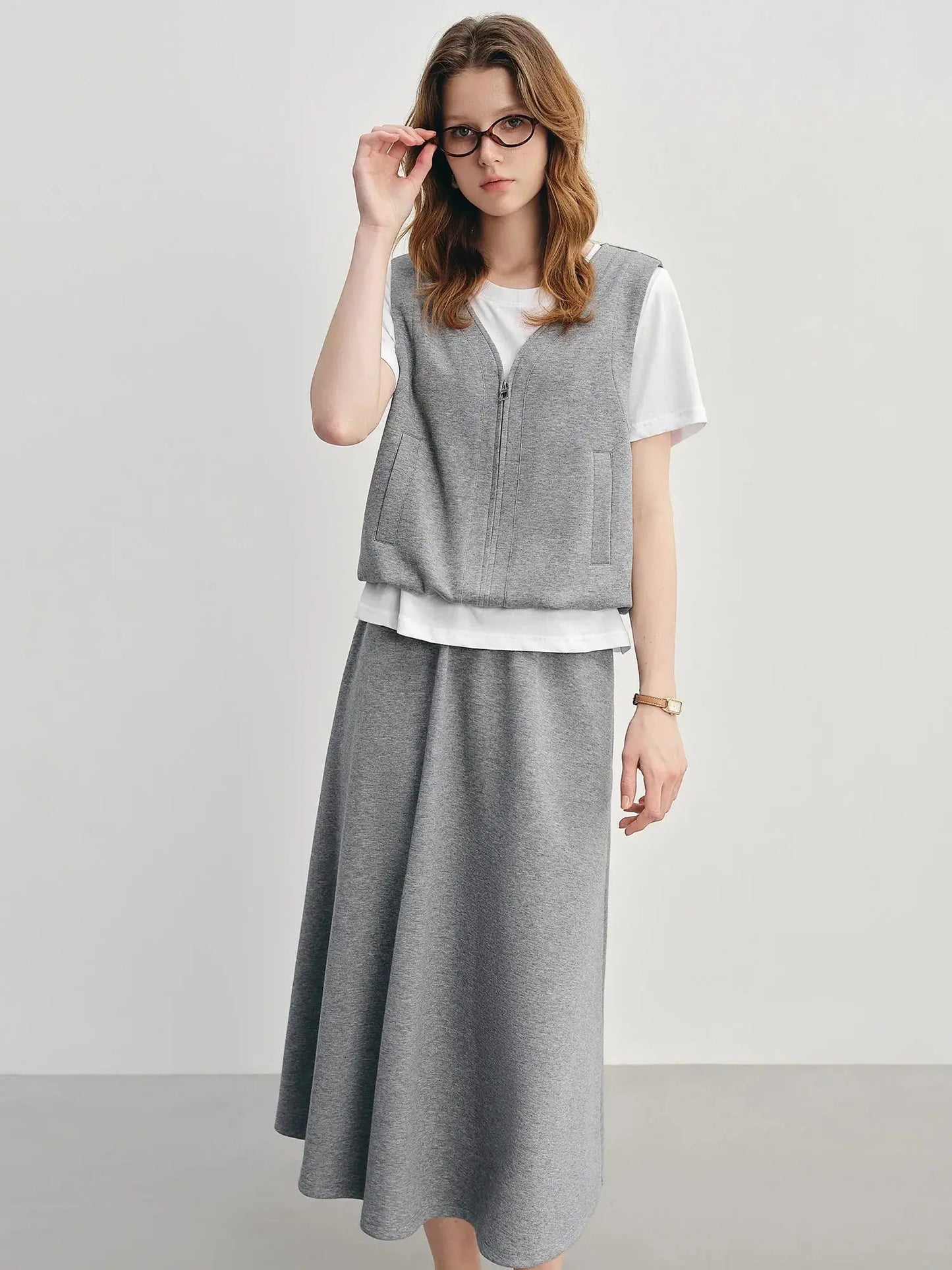 Simple Gray Short-Sleeve Faux Two-Piece Skirt Suit
