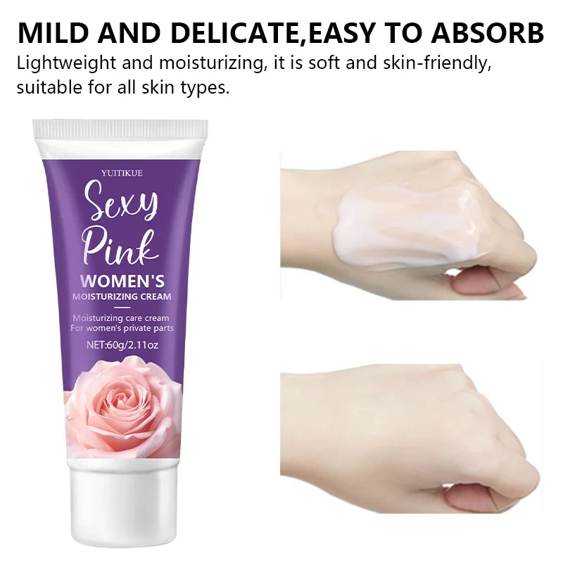Moisturizing cream tube with a hand applying cream, text about product properties.