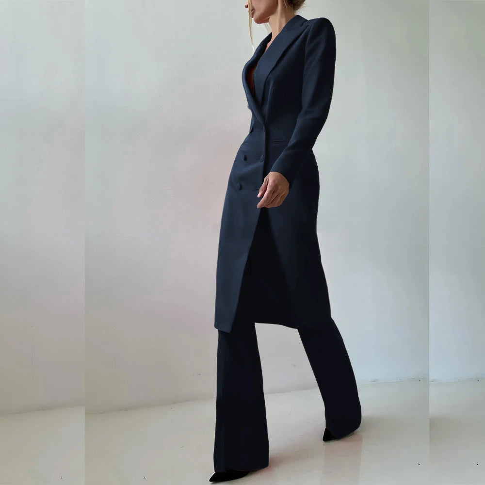 Customized Elegant Slim Fit Women's Suits 2 Piece Blazer Double Breasted Peak Lapel Long Jacket Pants Sets Fashion Clothing 2025
