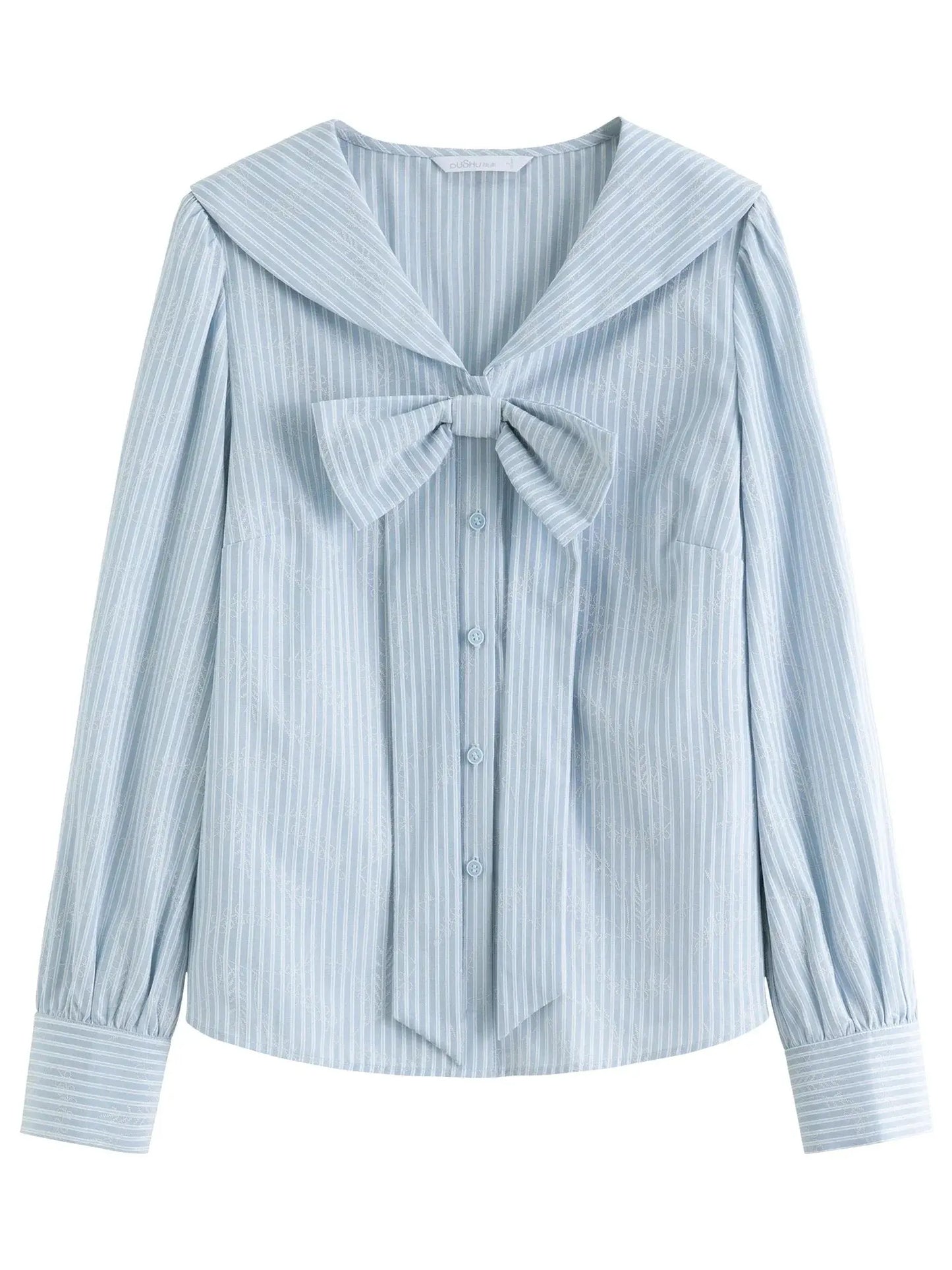Plus Size Navy Striped Shirt with Collar & Bow Detail