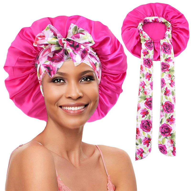 New Silky Bonnet for Sleeping Women Satin Bonnet Night Sleep Cap Large stretch printed ribbon colored nightcap hair care cap