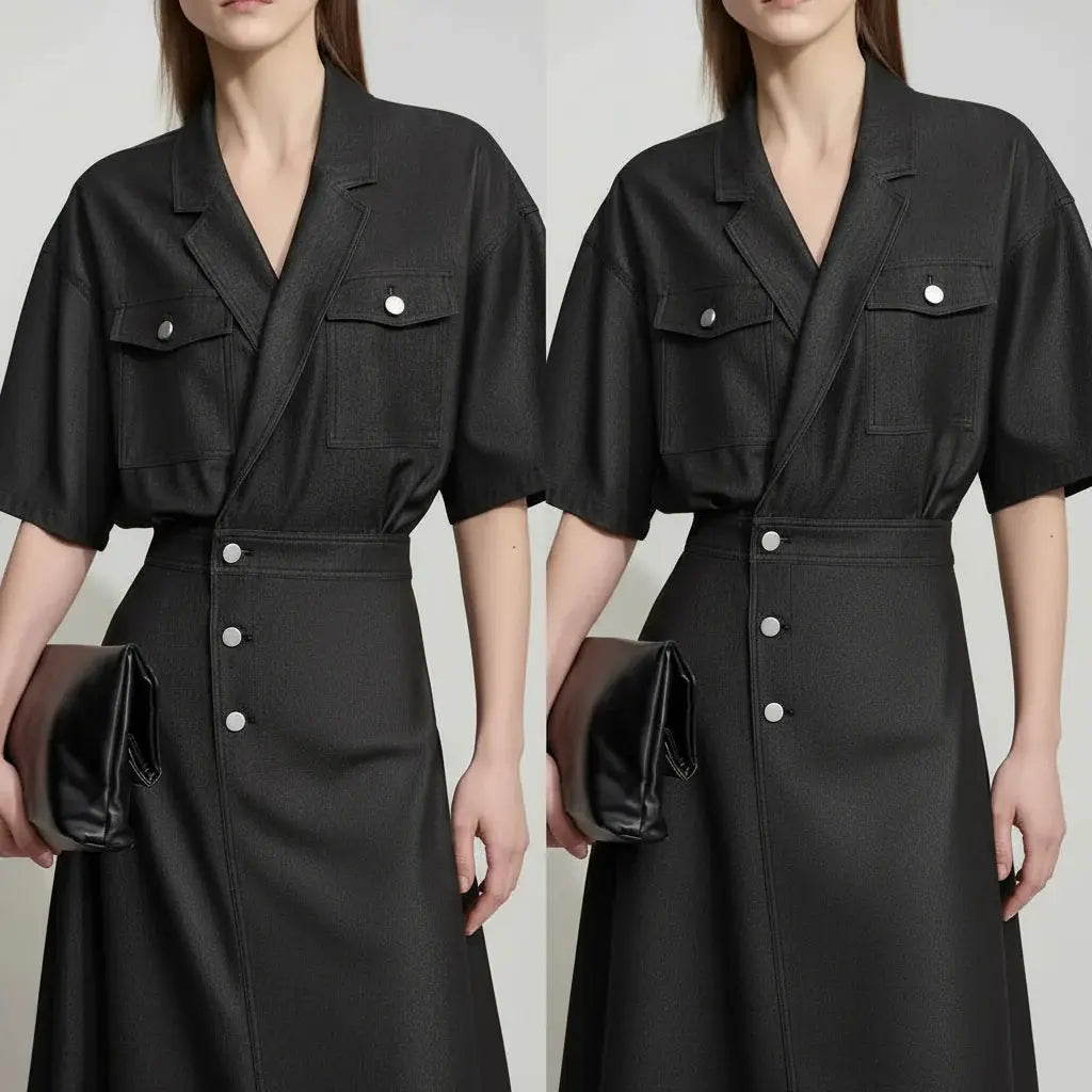 Draped Flip-Neck Denim Shirt Dress