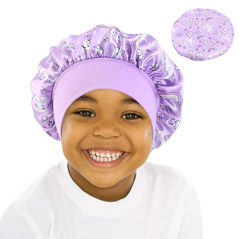 Cartoon Baby Kids Print Satin Bonnet Sleep Hat Cap for Curly Hair Adjustable Silky Satin Cap for Toddler Night Sleep Caps Beanie
