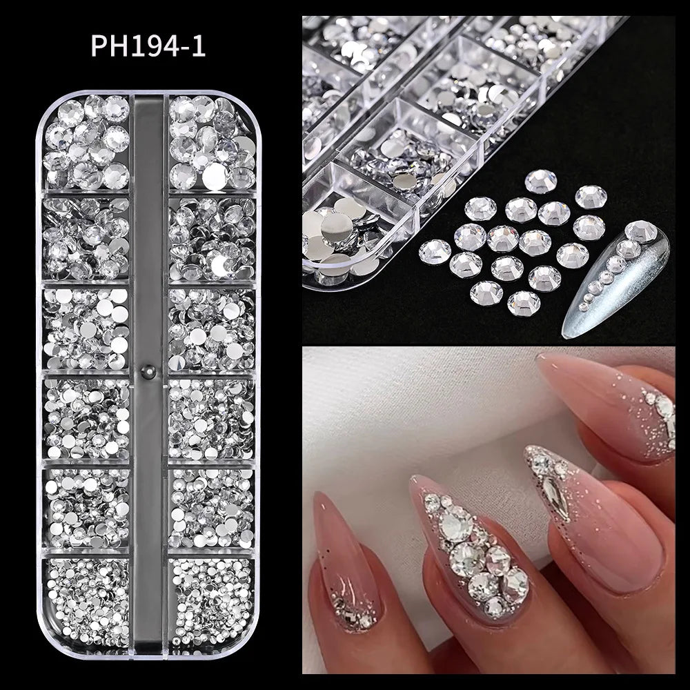 12Grids Sparkle Rose Red Crystal Rhinestones Nail Art Mixed Shape Diamonds Nail Charms Pink Blue Green AB Flatback Nail Ornament