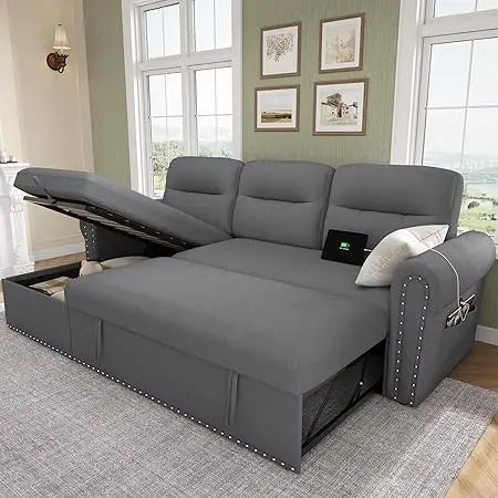 Sleeper Sofa Bed, 87'' Sectional Couch with Reversible Storage Chaise & Nailhead Armrest, Pull Out Couches for Living Room