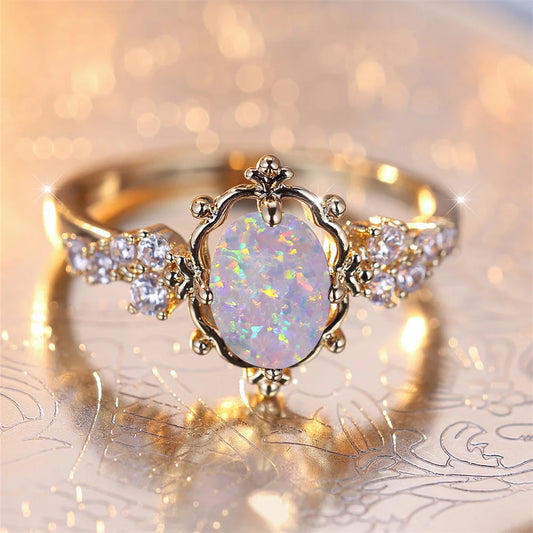 Vintage White Fire Opal Oval Stone Flower Rings For Women