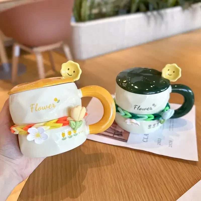 390ML Hand-Painted Flower Tea Cup Ceramic Mug Lid with Spoon Office Drinkware Cups Tea Coffee Milk Juice Bottle Creative Gift