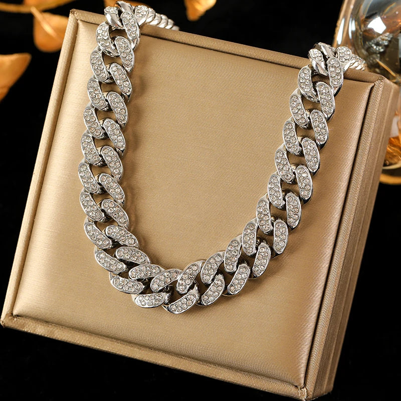 EILIECK Silver Color Thick Cuban Necklace Bracelet Set For Women New Punk Zircon Chain Waterproof Jewelry Party Gift Bijoux