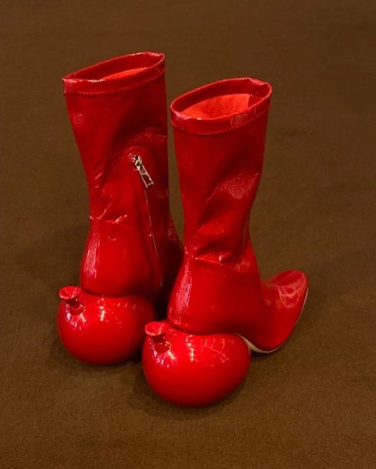 Glossy Red Patent Leather Pointed-Toe Ankle Boots Unique Balloon Heels Design High-Fashion Style for Runway & Artistic Ensembles