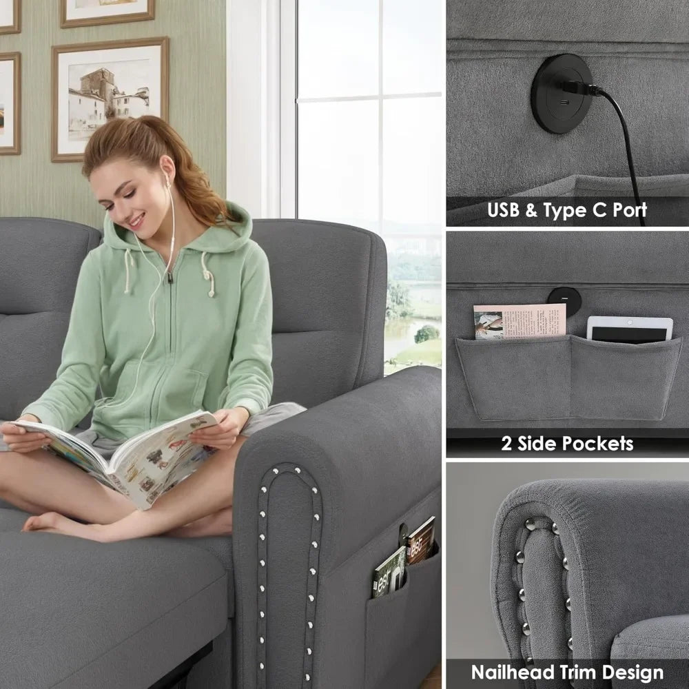 Sleeper Sofa Bed, 87'' Sectional Couch with Reversible Storage Chaise & Nailhead Armrest, Pull Out Couches for Living Room
