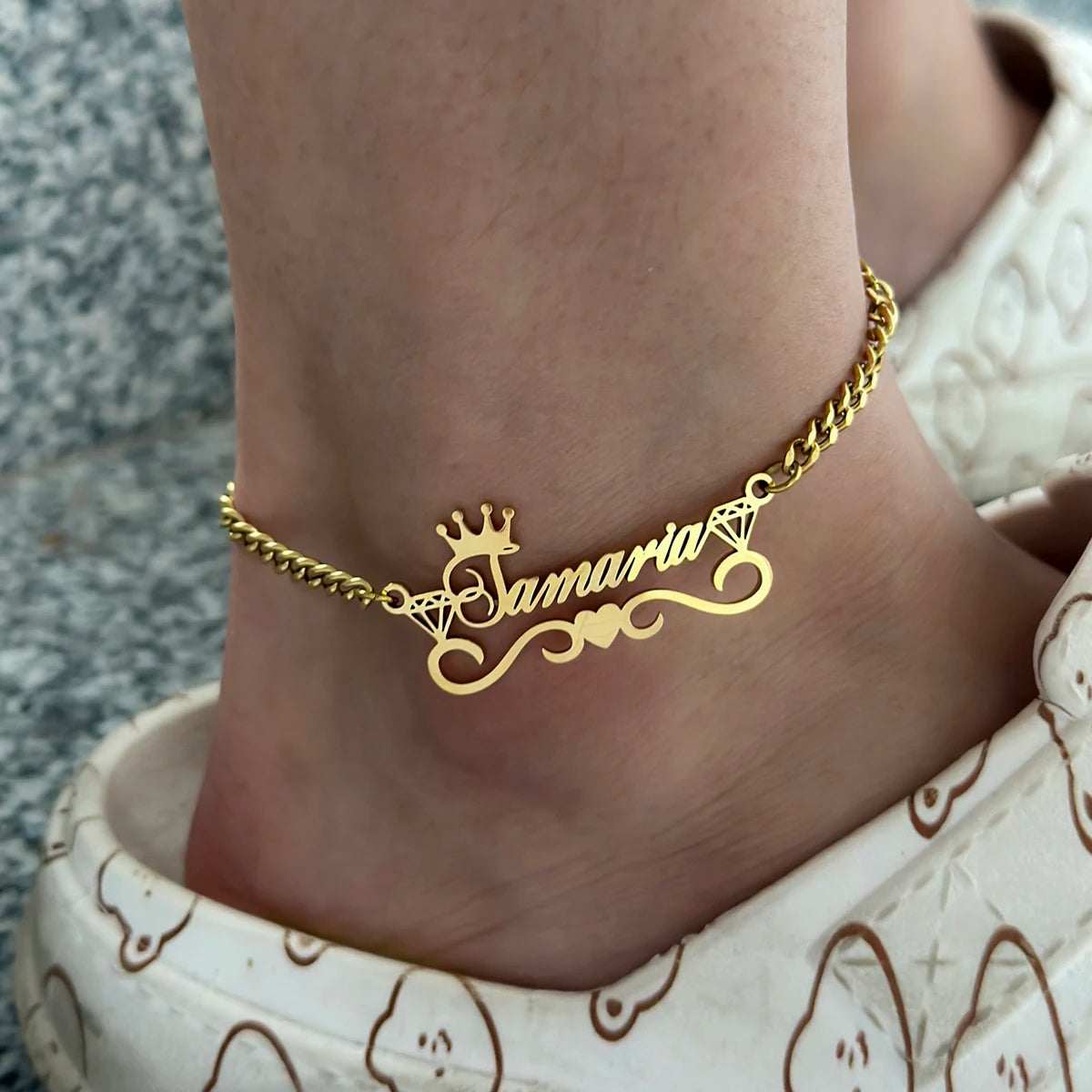 Custom Name Anklet with Crown Personalized Cuban Chain Anklet Stainless Steel Thick Cuban Nameplate Anklet for Women Gift