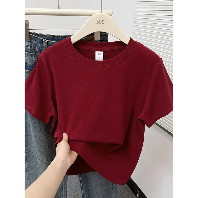 2026 Summer New High Quality Casual Plus Size T Shirt Sexy Short Sleeved Sleeves Fashion Trend Solid Women Clothing Y2k Tops
