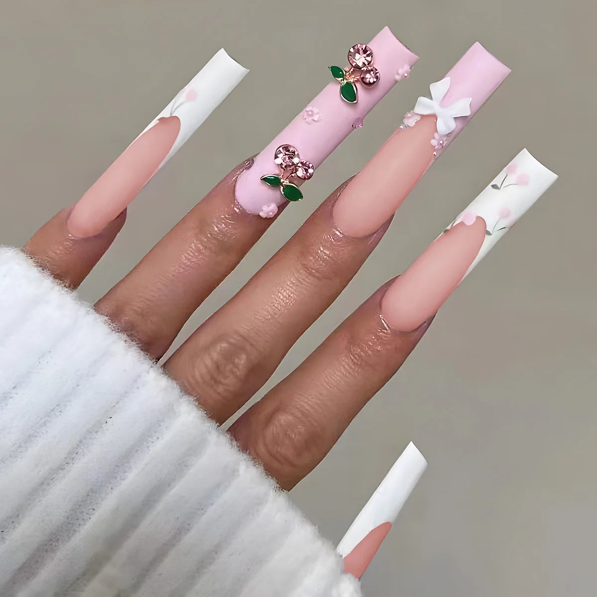 24Pcs Extra Long Square Fake Nail with Glue 3D Little Bear Bow Design False Nails White French Press on Nails Wearable Manicure