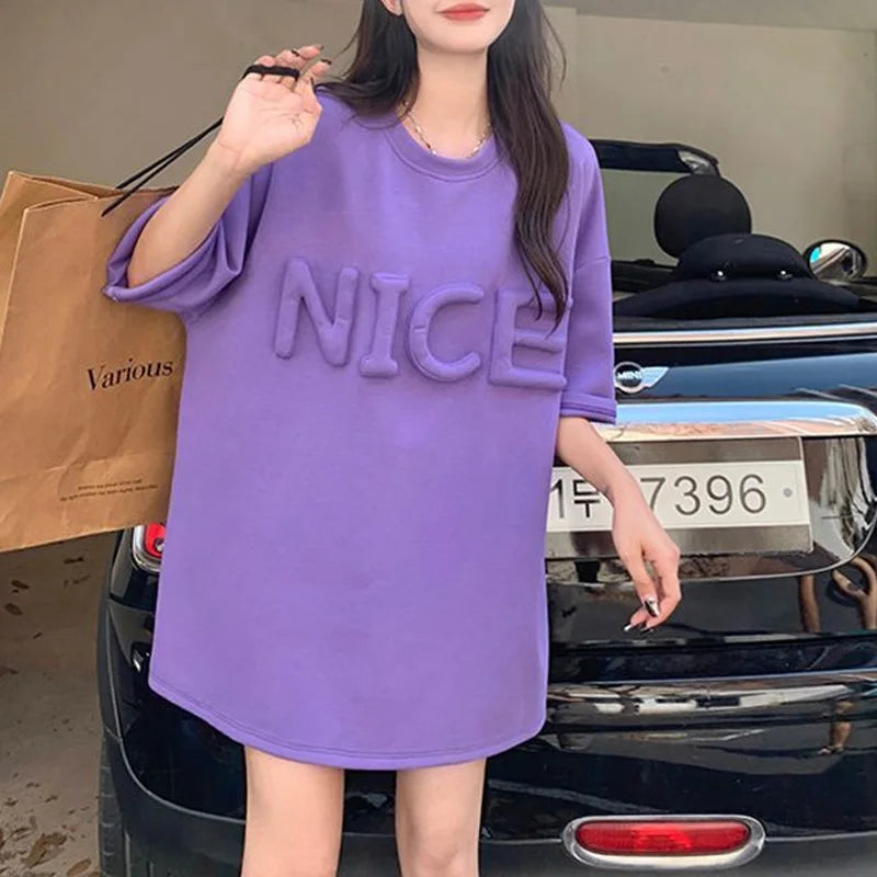 "NICE" 3D Letter Loose Casual Versatile Oversized Mid Length Short Sleeved T-Shirt