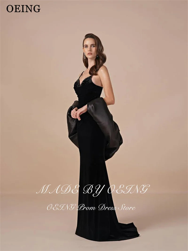 OEING Elegant Mermaid Prom Dress Black Sleeveless Floor Length Velvet Beading Evening Dresses robes de soirée Customized