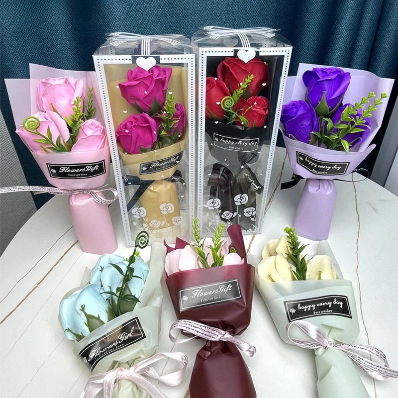 3 Heads Artificial Rose Bouquet Hand Holding Pink Flowers Valentine's Day Gift Wedding Bride Decoration Artificial Flowers