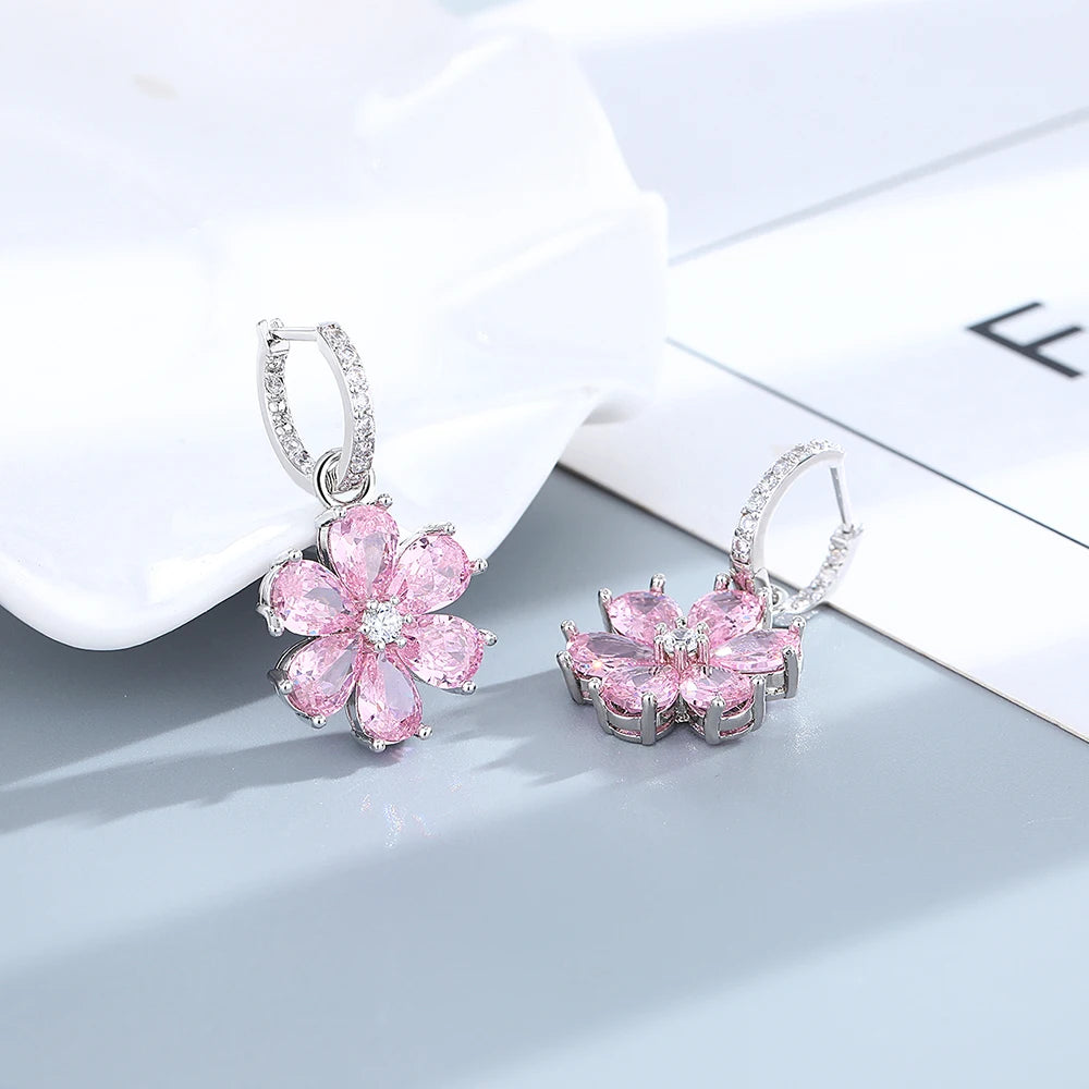 Pink Flower Sparkling Zircon Silver Drop Earrings for Women Vintage Jewelry Wedding Engagement Hoop Earrings Gifts