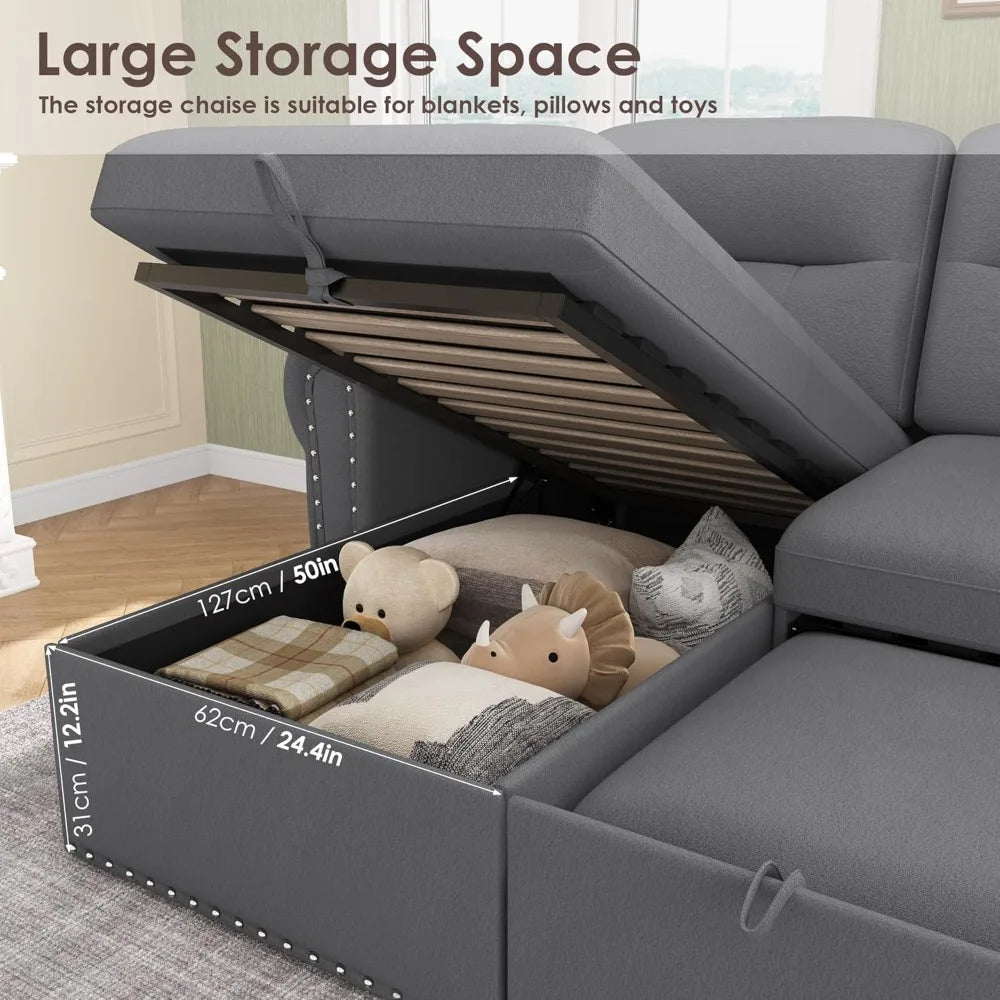 Sleeper Sofa Bed, 87'' Sectional Couch with Reversible Storage Chaise & Nailhead Armrest, Pull Out Couches for Living Room