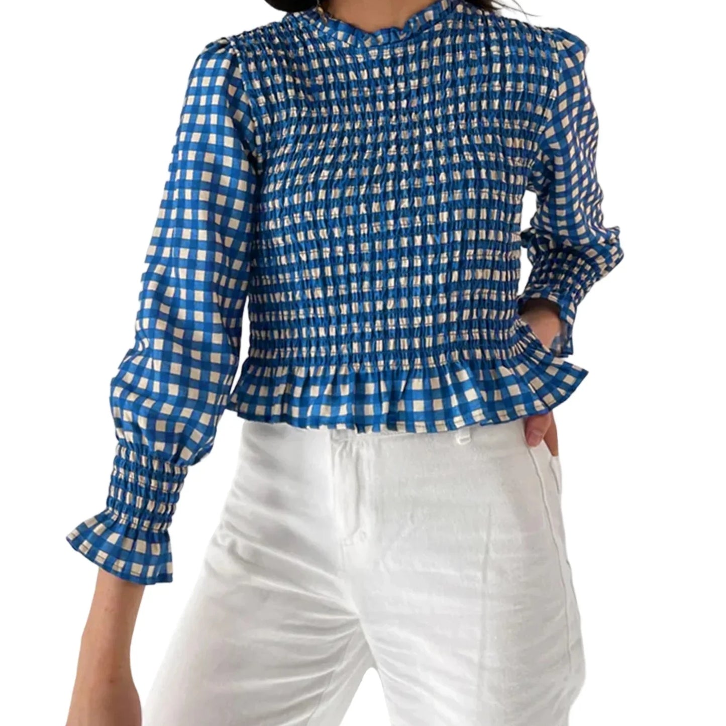 Women Fashionable Casual Round Neck Smocked Bubble 3/4 Sleeve Tops Summer Fall Plaid Print Ruffled T-shirts