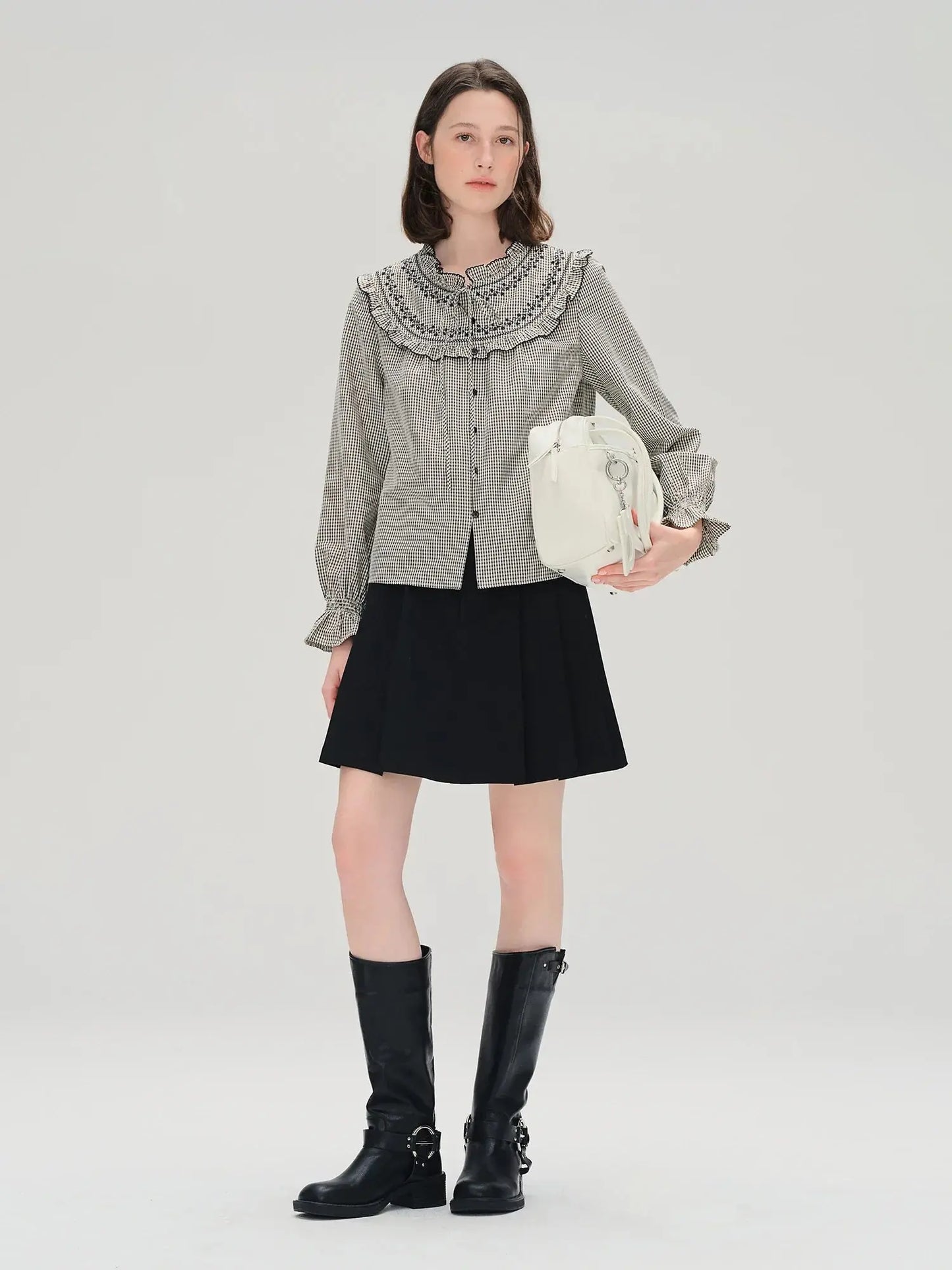 Sweet French Style Ruffled Plaid Shirt for Women