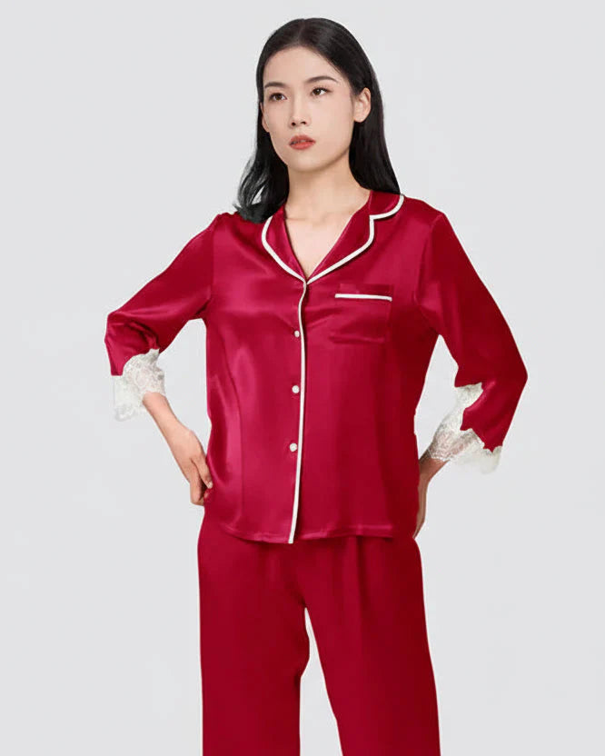 Mulberry Silk Pajama Set with Lace Trim 3-Piece Loungewear