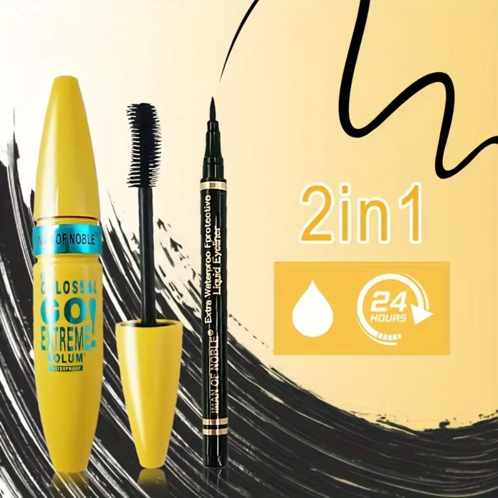 Mascara with Eyeliner Combo Black Slim Drawing Line Smooth Definition Long Lasting Waterproof Eye Makeup 2 Pcs Set