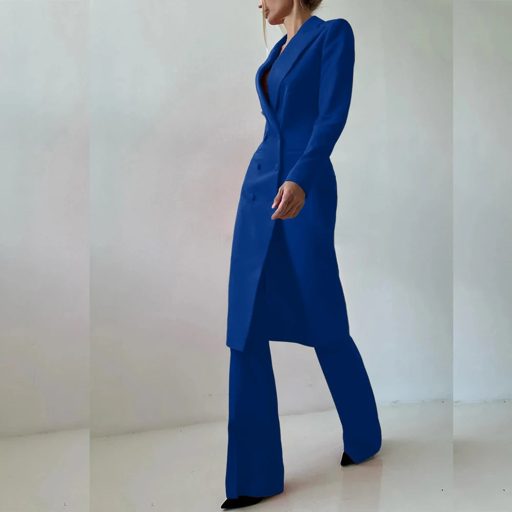 Customized Elegant Slim Fit Women's Suits 2 Piece Blazer Double Breasted Peak Lapel Long Jacket Pants Sets Fashion Clothing 2025