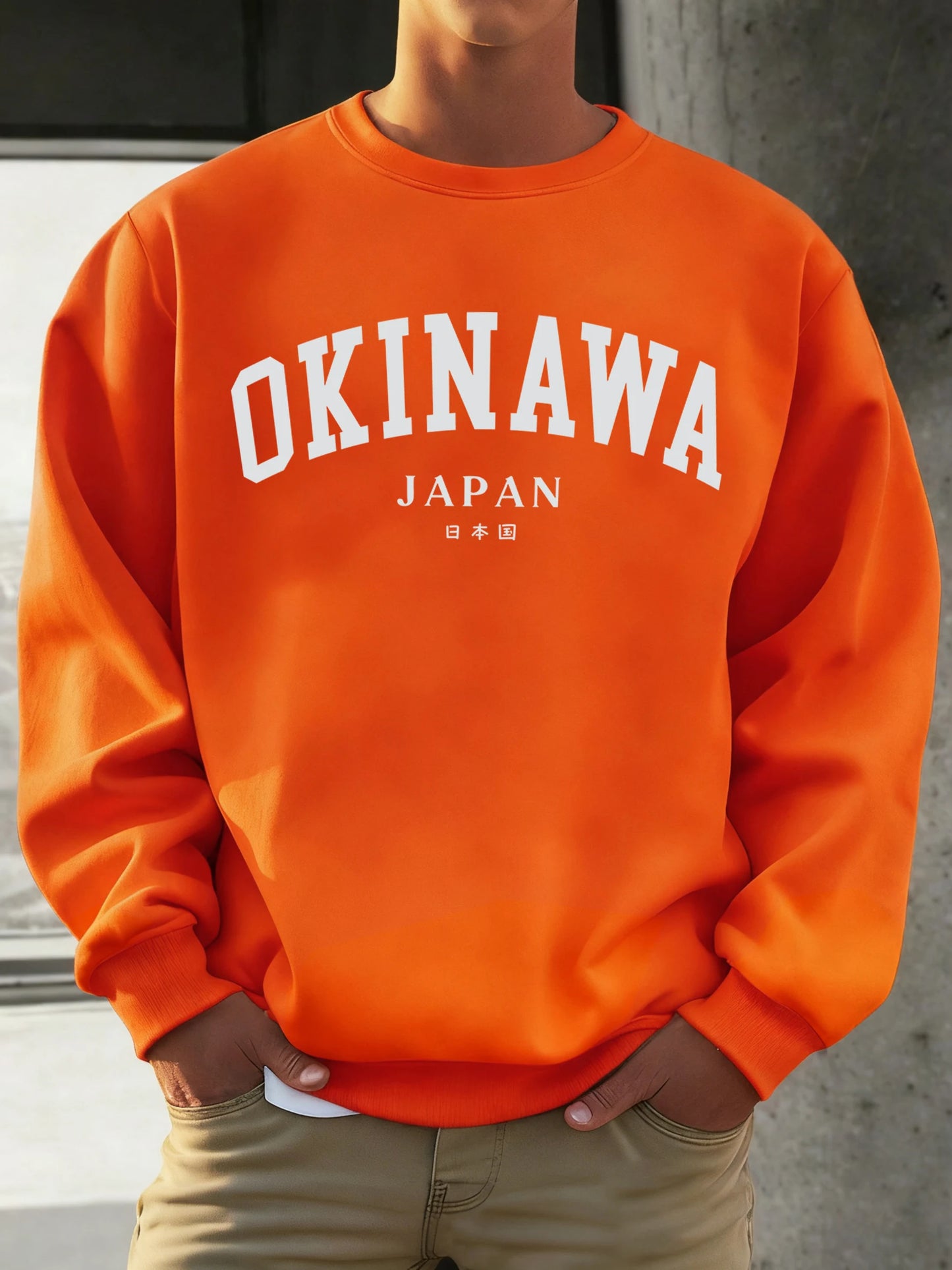 Okinawa Japan Letter Printed Male Sweatshirt Hip Hop Simple Long Sleeve Fleece Trendy Pullovers Unisex Loose All-Match Clothes