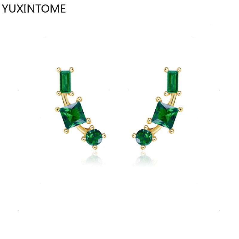 925 Sterling Silver Ear Needle Green Zircon Stud Earrings for Women Luxury Long Chain Geometric Gold Earrings Fashion Jewelry