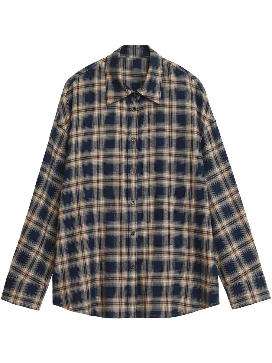 Long Sleeve Plaid Shirt Casual Loose Fit Autumn Blouse
