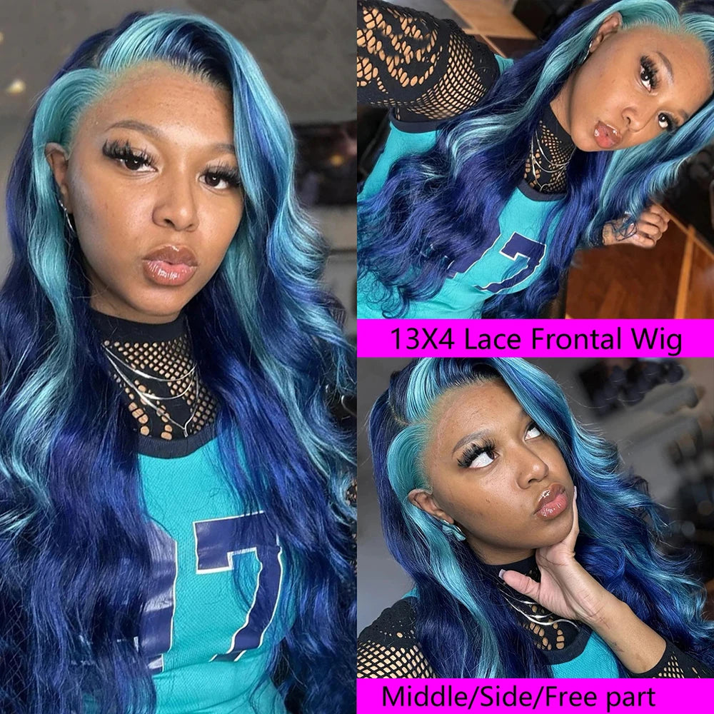13x4 Lace Front Wig Blue Body Wave Wig Natural Highlight Blue Streak Wave Wigs for Womenen Synthetic Glueless Wigs Daily