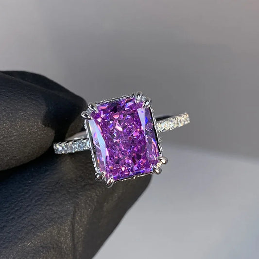 Exquisite Princess Purple Crystal Rings for Women Luxury 14K White Gold Plated Engagement Bride Resizable Ring Jewelry