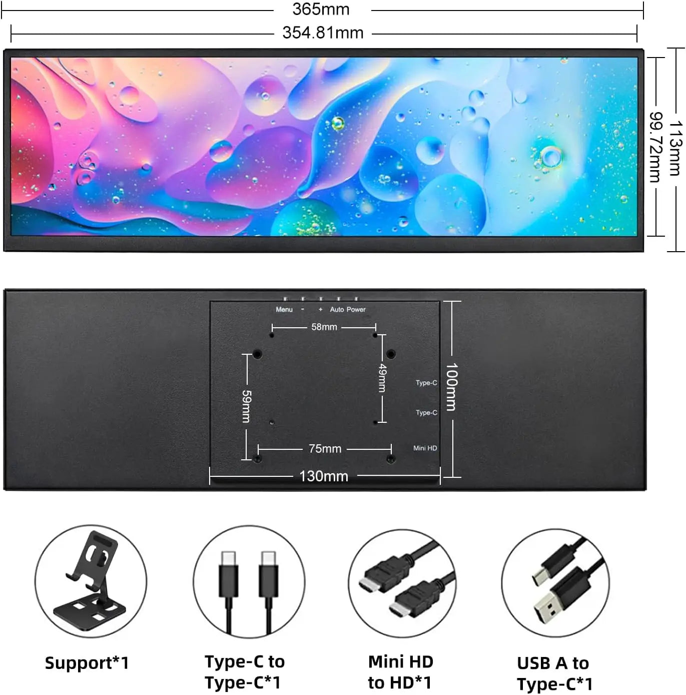 12.3/14.5 Inch Stretched Bar External Auxiliary Touch Portable Monitor for PC Raspberry Pi 5/4 Laptop Phone Vehicle PS Xbox Game