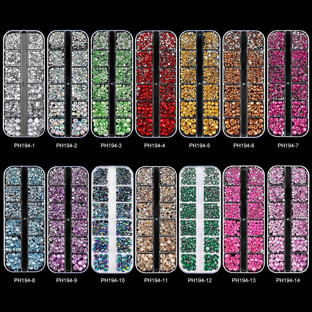 12Grids Sparkle Rose Red Crystal Rhinestones Nail Art Mixed Shape Diamonds Nail Charms Pink Blue Green AB Flatback Nail Ornament