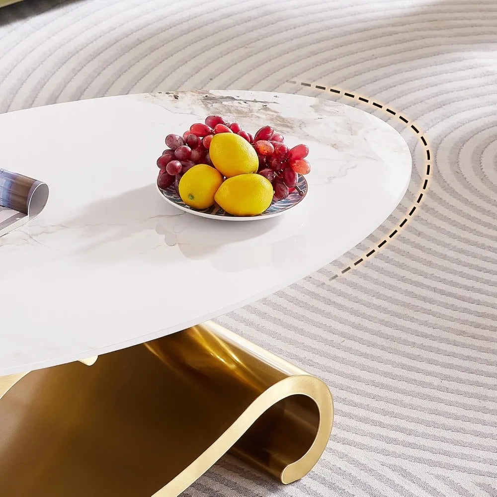 49.2-Inch Modern Oval Faux Marble Coffee Table with Sturdy Gold Metal Base - Luxury Living Room Furniture for Home Decor