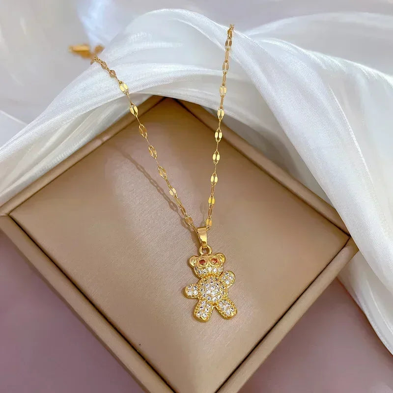 Gold Color Stainless Steel Chain Cute Shiny Zircon Bear Pendant Necklaces for Women Girls Lovely Luxury Jewelry Accessories Gift
