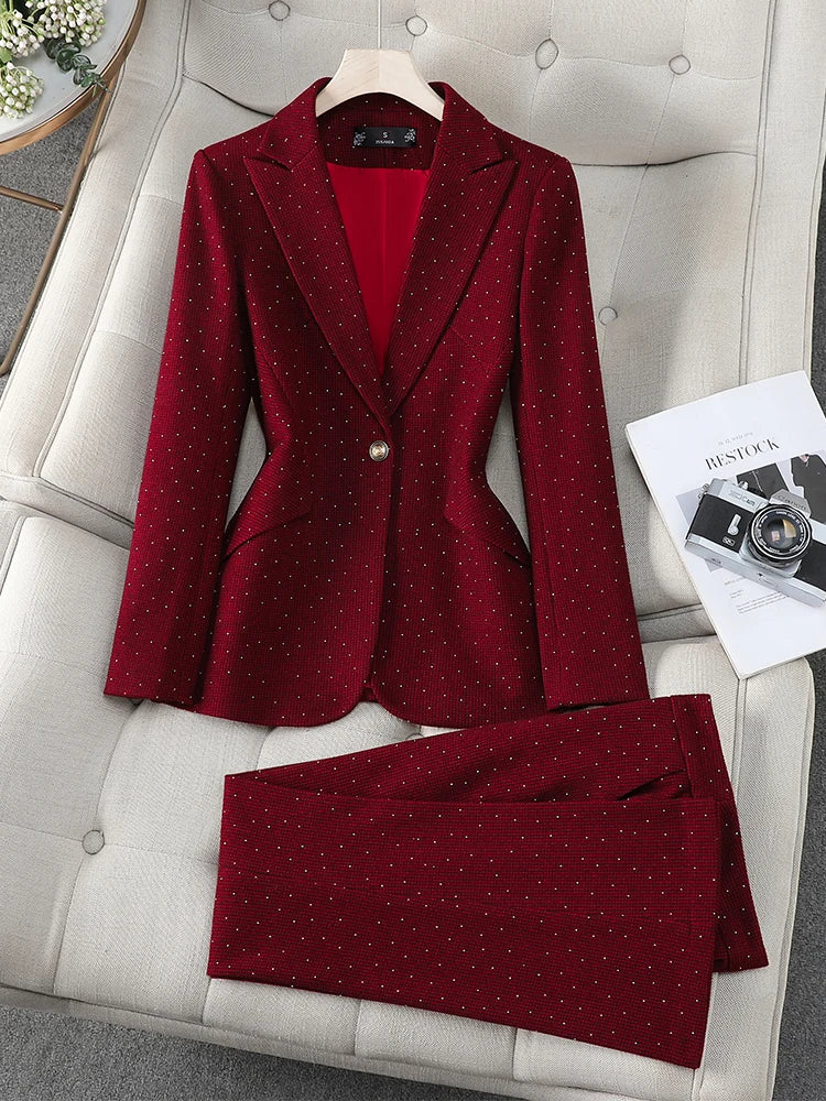 Fashion Winter Women's Pant Suit Ladies Female Business Work 2 Piece Set Red Coffee Gray Formal Blazer Jacket And Trouser