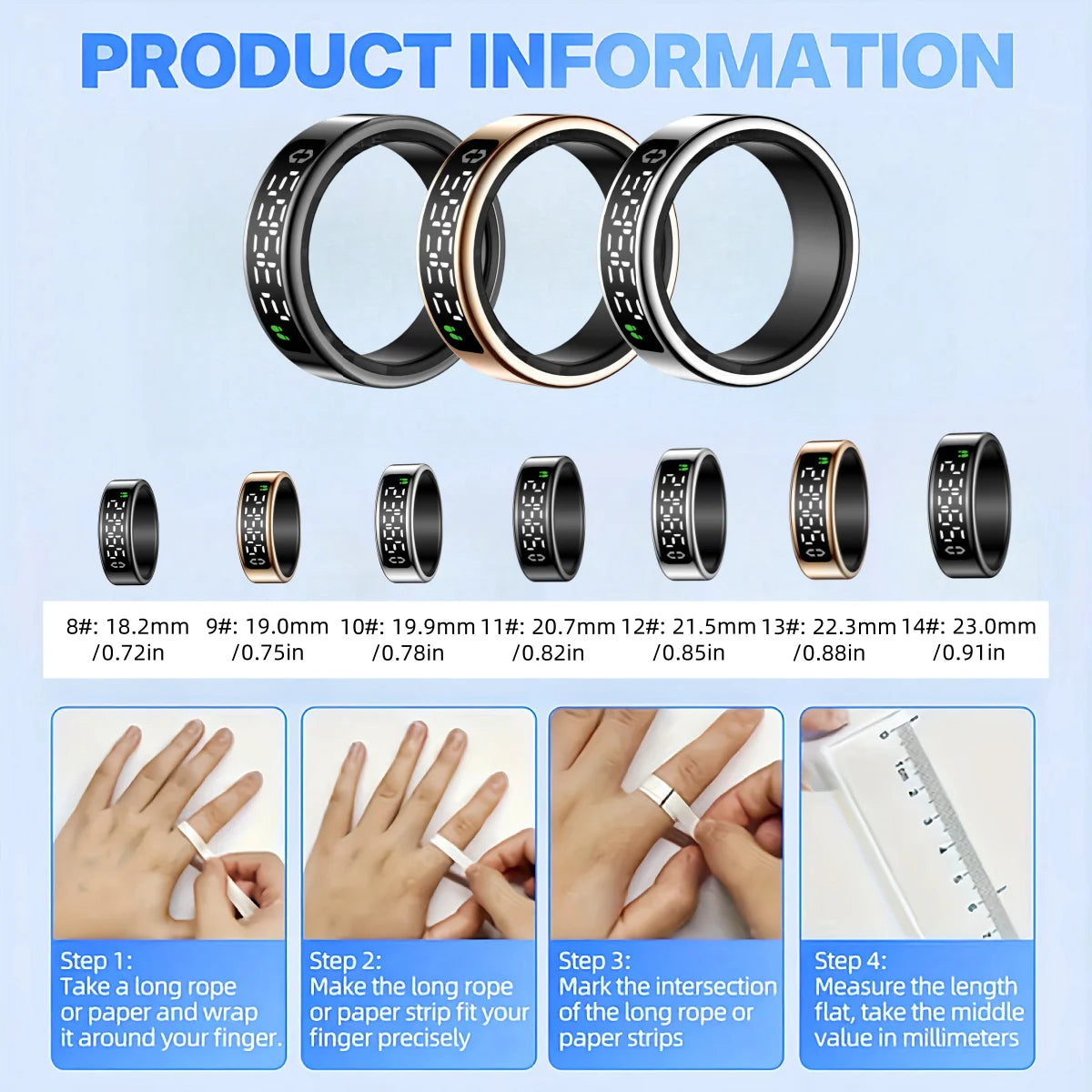 The newly upgraded smart ring features a digital display. It offers step counting, sleep monitoring, and multiple sports modes.