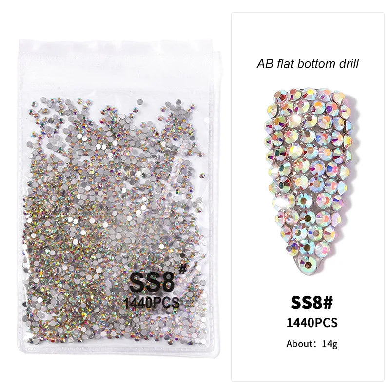 1440pcs Nail FlatBack Crystal Rhinestone Clear/AB Glass Strass (SS3-SS20)3D Nail Gem Stones Non-HotFix Nail Rhinestone 1.3-4.8mm