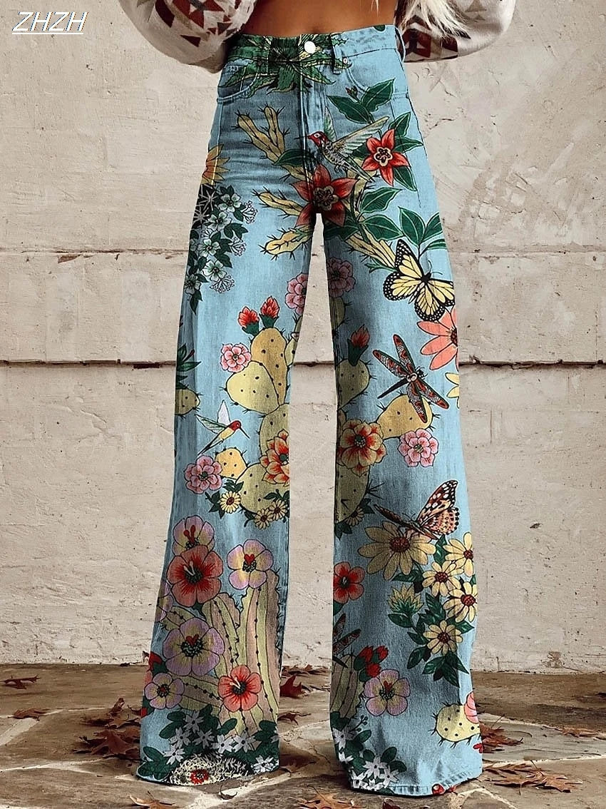Retro Vintage Boho 1970s Pants Wide Legged Pants Hippie Disco High Waist Floral Faux Jeans Style Women's Festival Retro Pants